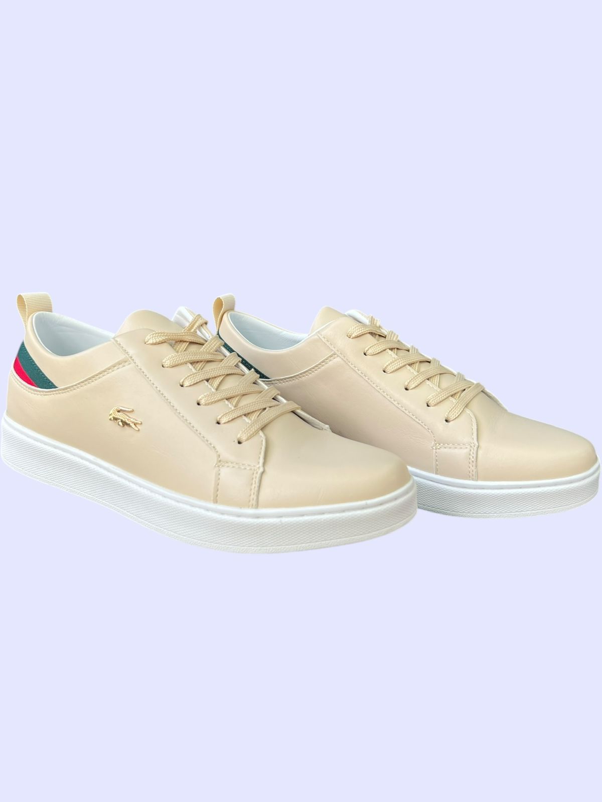 Beige Leather Sneakers with Stripe Detail - men's shoes online delivery Mauritius